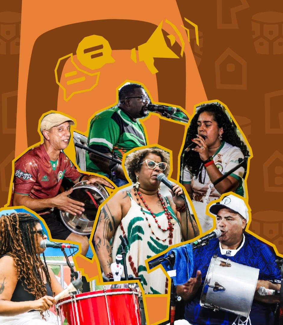 Colagem com músicos e cantoras de rodas de samba de São Paulo cantando e tocando instrumentos de percussão