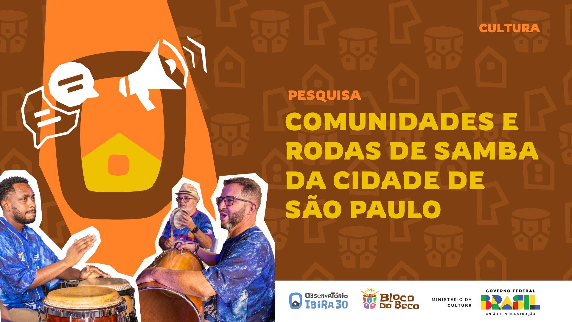 Capa da pesquisa Comunidades e Rodas de Samba da cidade de São Paulo, com integrantes do Bloco do Beco tocando percussão